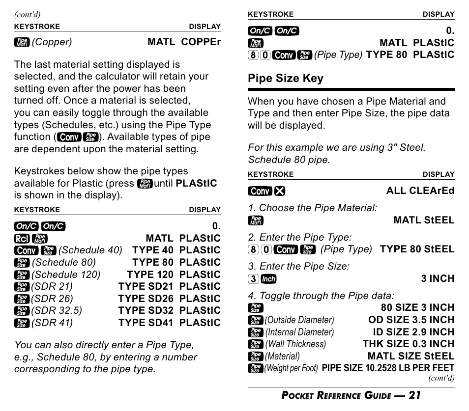 Pipe size key | Calculated Industries 4095-C Pocket Reference Guide User Manual | Page 12 / 23