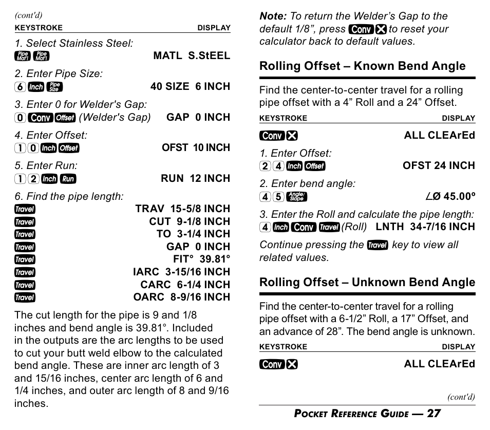 Rolling offset – known bend angle, Rolling offset – unknown bend angle | Calculated Industries 4095-C Pocket Reference Guide User Manual | Page 15 / 23