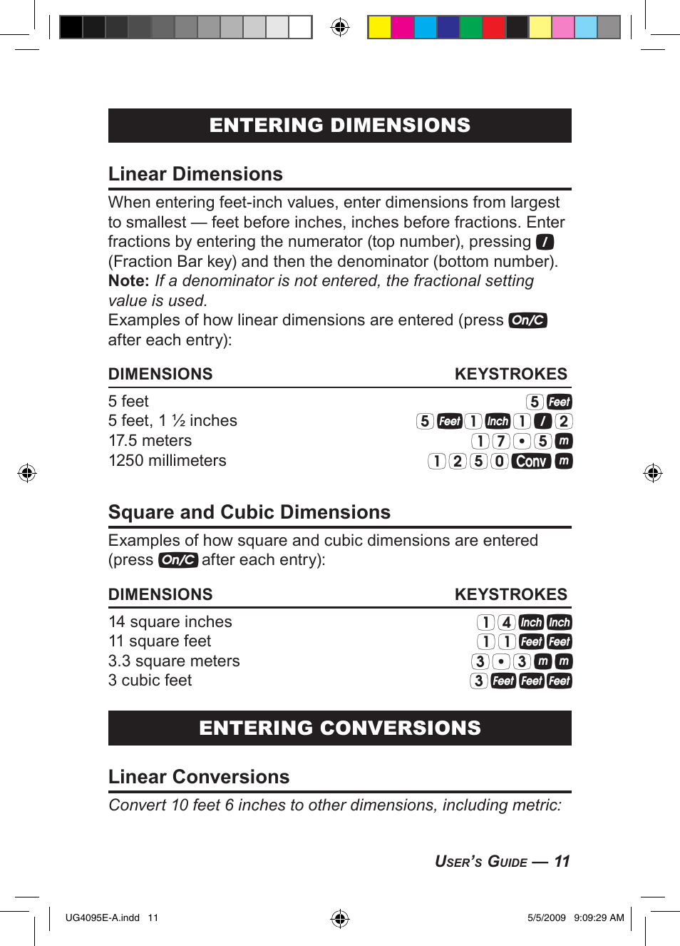 Entering dimensions linear dimensions, Square and cubic dimensions, Entering conversions linear conversions | Calculated Industries 4095-A User Guide User Manual | Page 13 / 50