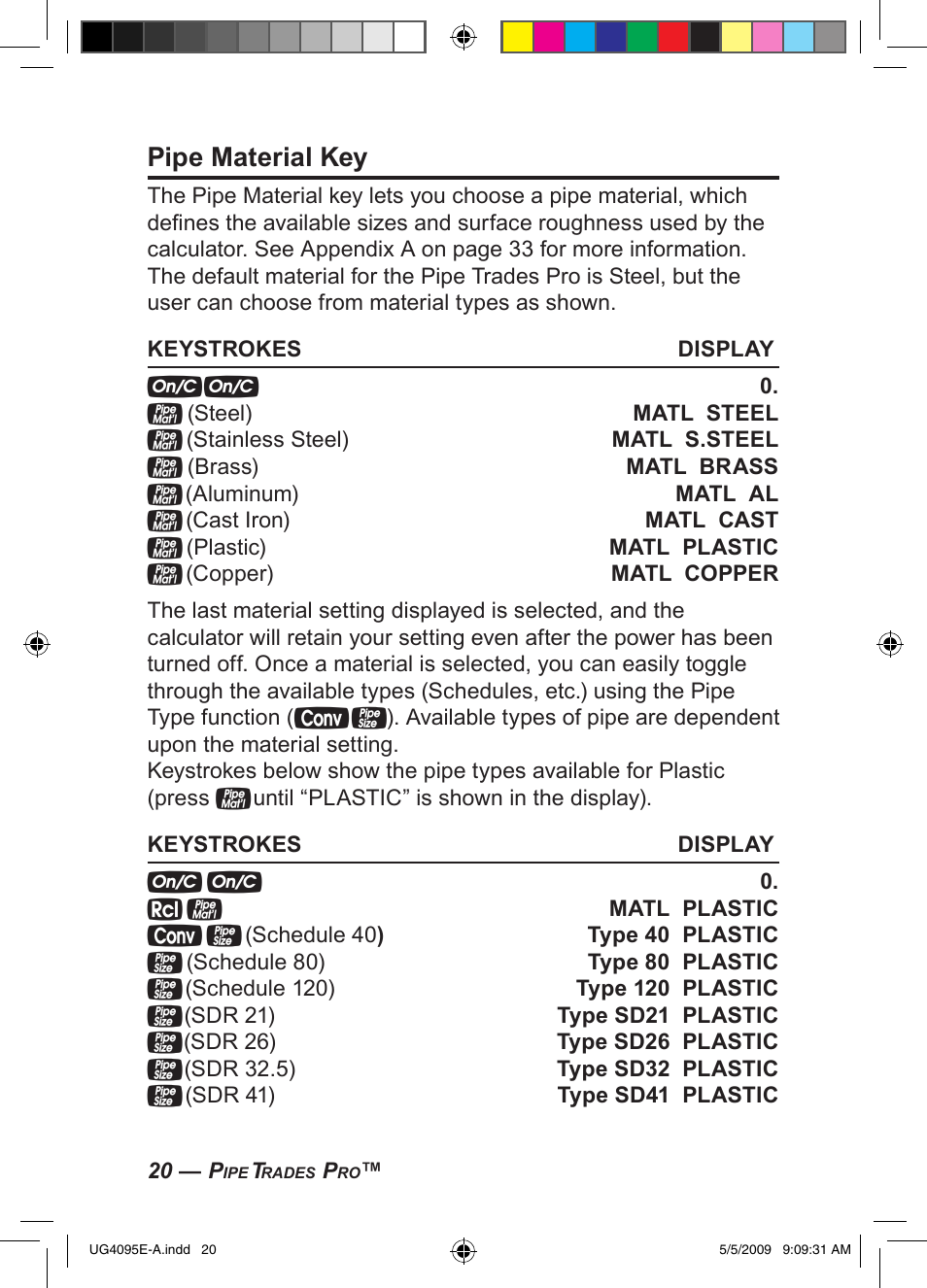 Pipe material key | Calculated Industries 4095-A User Guide User Manual | Page 22 / 50