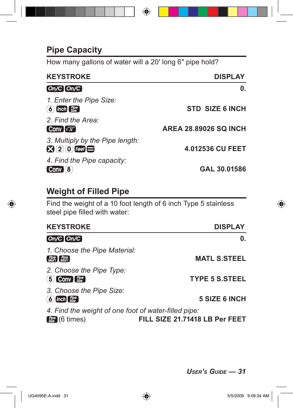 Pipe capacity, Weight of filled pipe | Calculated Industries 4095-A User Guide User Manual | Page 33 / 50