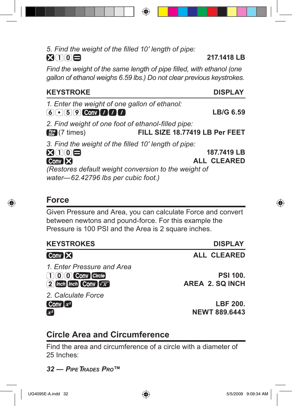 Force, Circle area and circumference | Calculated Industries 4095-A User Guide User Manual | Page 34 / 50
