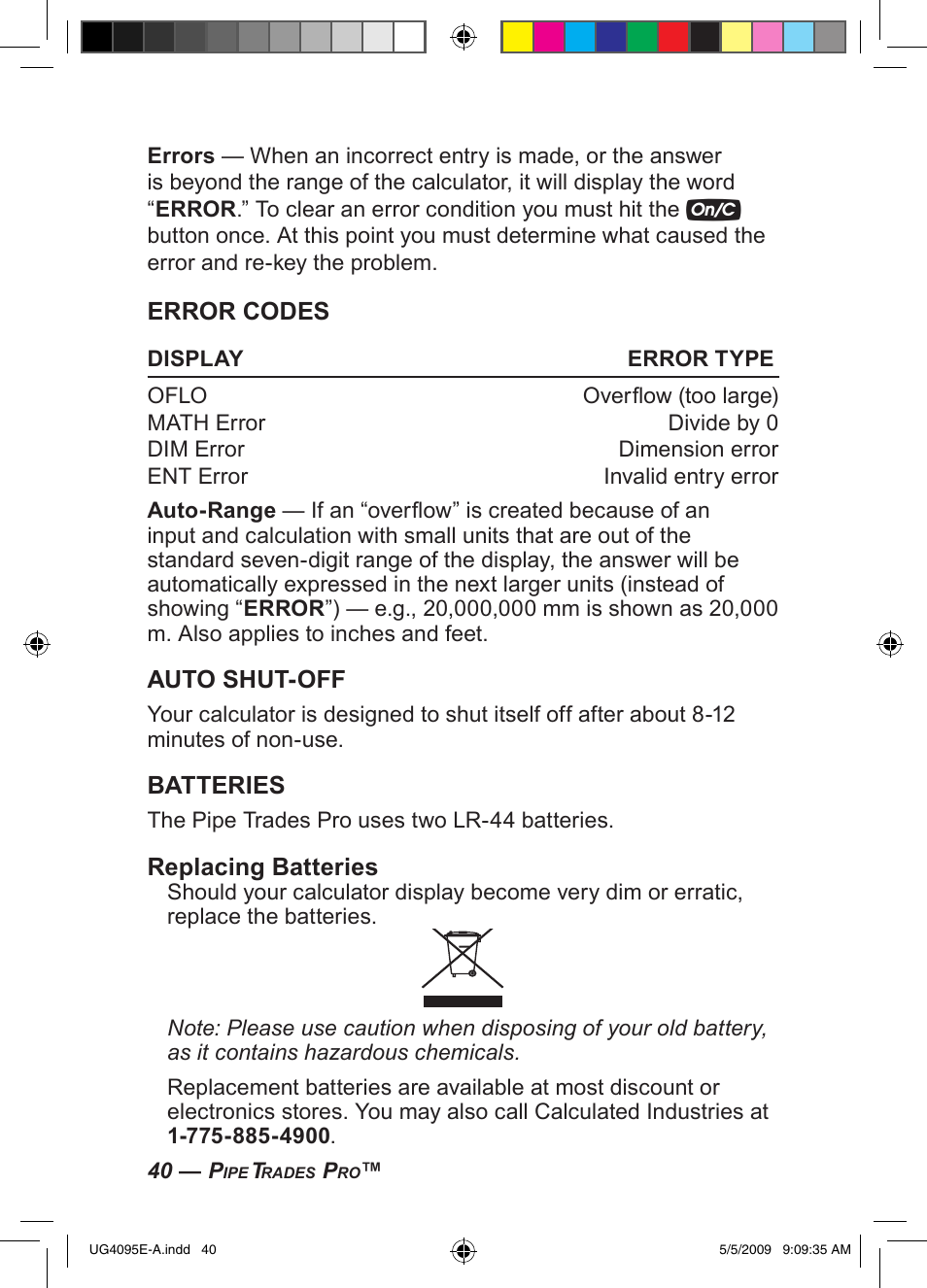 Error codes, Auto shut-off, Batteries | Replacing batteries | Calculated Industries 4095-A User Guide User Manual | Page 42 / 50