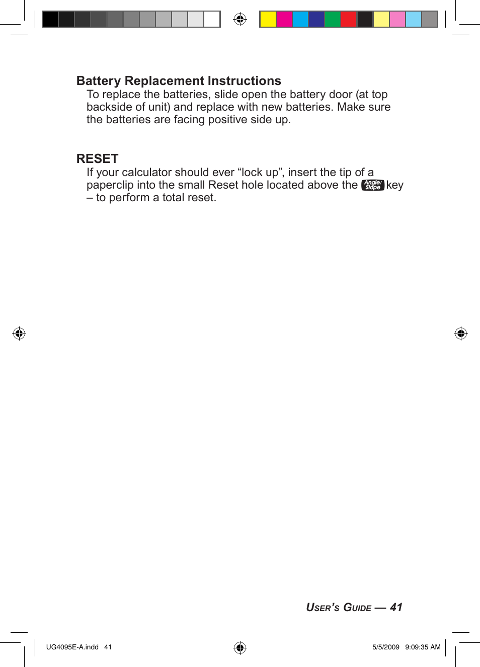 Battery replacement instructions, Reset | Calculated Industries 4095-A User Guide User Manual | Page 43 / 50