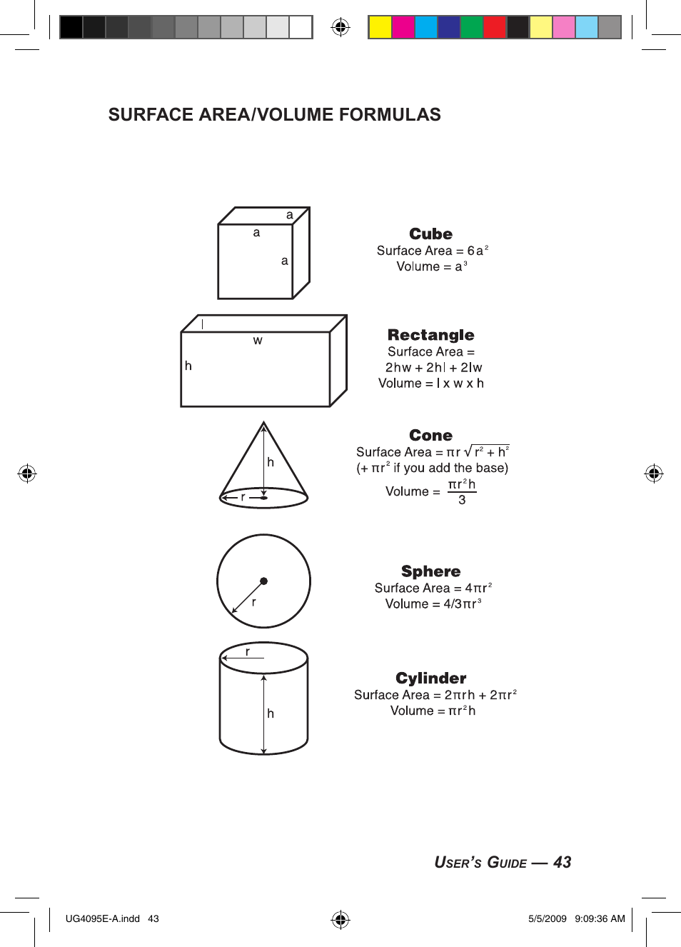 Surface area/volume formulas | Calculated Industries 4095-A User Guide User Manual | Page 45 / 50