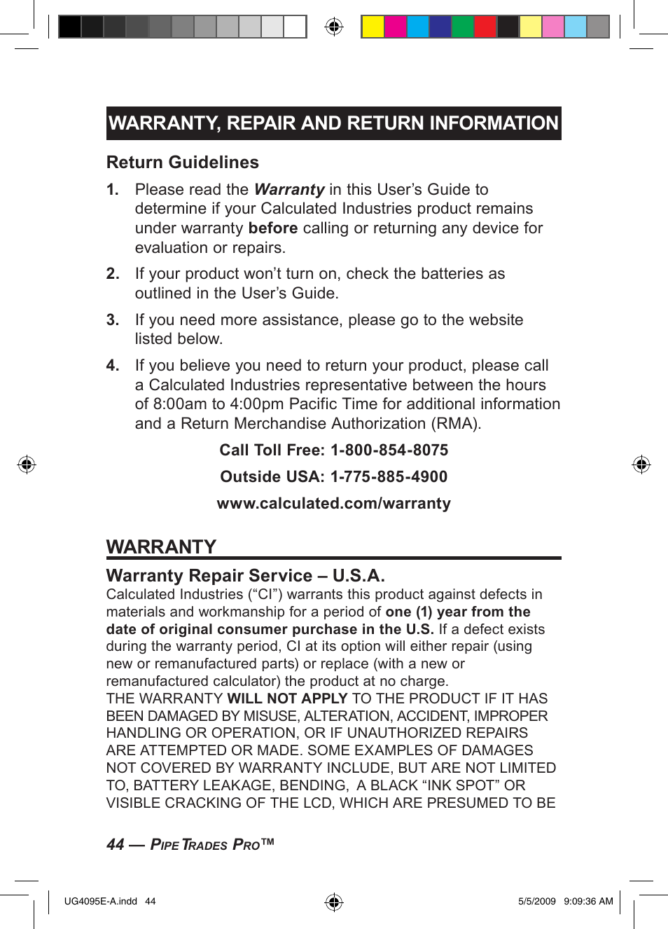 Warranty, repair and return information, Warranty, Return guidelines | Warranty repair service – u.s.a | Calculated Industries 4095-A User Guide User Manual | Page 46 / 50