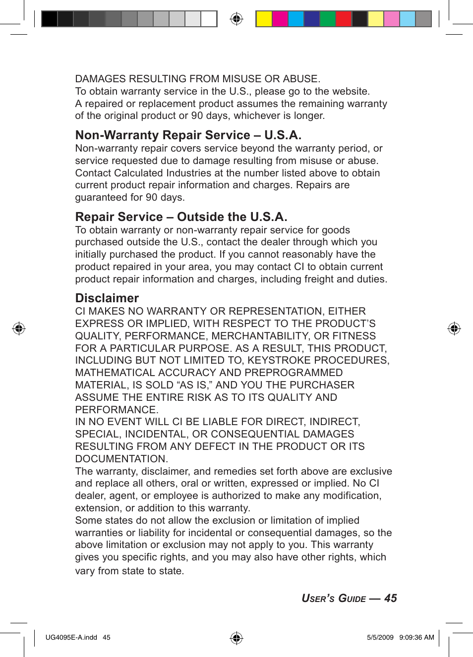 Non-warranty repair service – u.s.a, Repair service – outside the u.s.a, Disclaimer | Calculated Industries 4095-A User Guide User Manual | Page 47 / 50