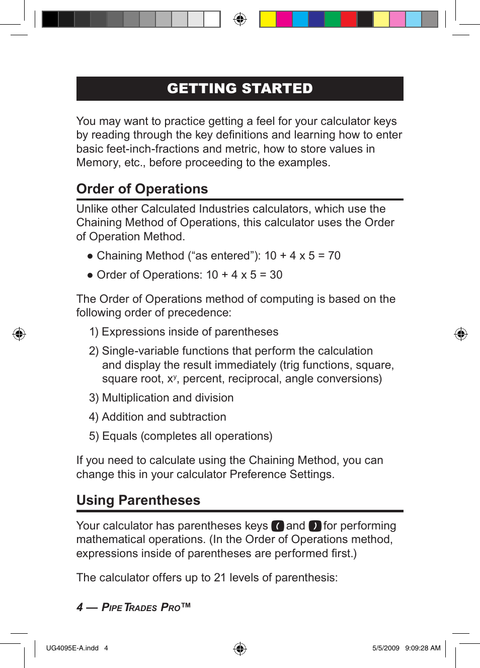 Getting started, Order of operations, Using parentheses | Calculated Industries 4095-A User Guide User Manual | Page 6 / 50