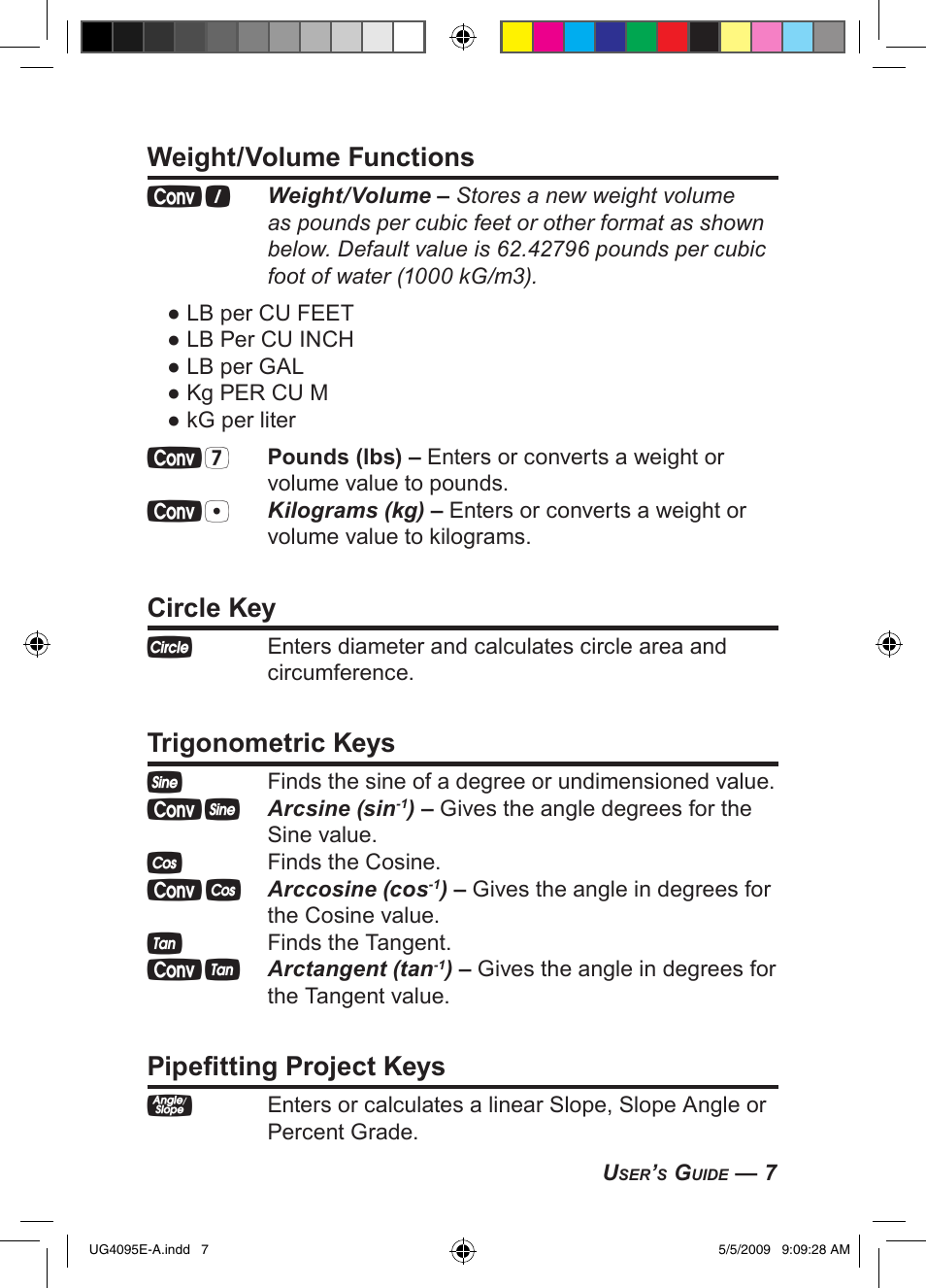Weight/volume functions, Circle key, Trigonometric keys | Pipefitting project keys | Calculated Industries 4095-A User Guide User Manual | Page 9 / 50