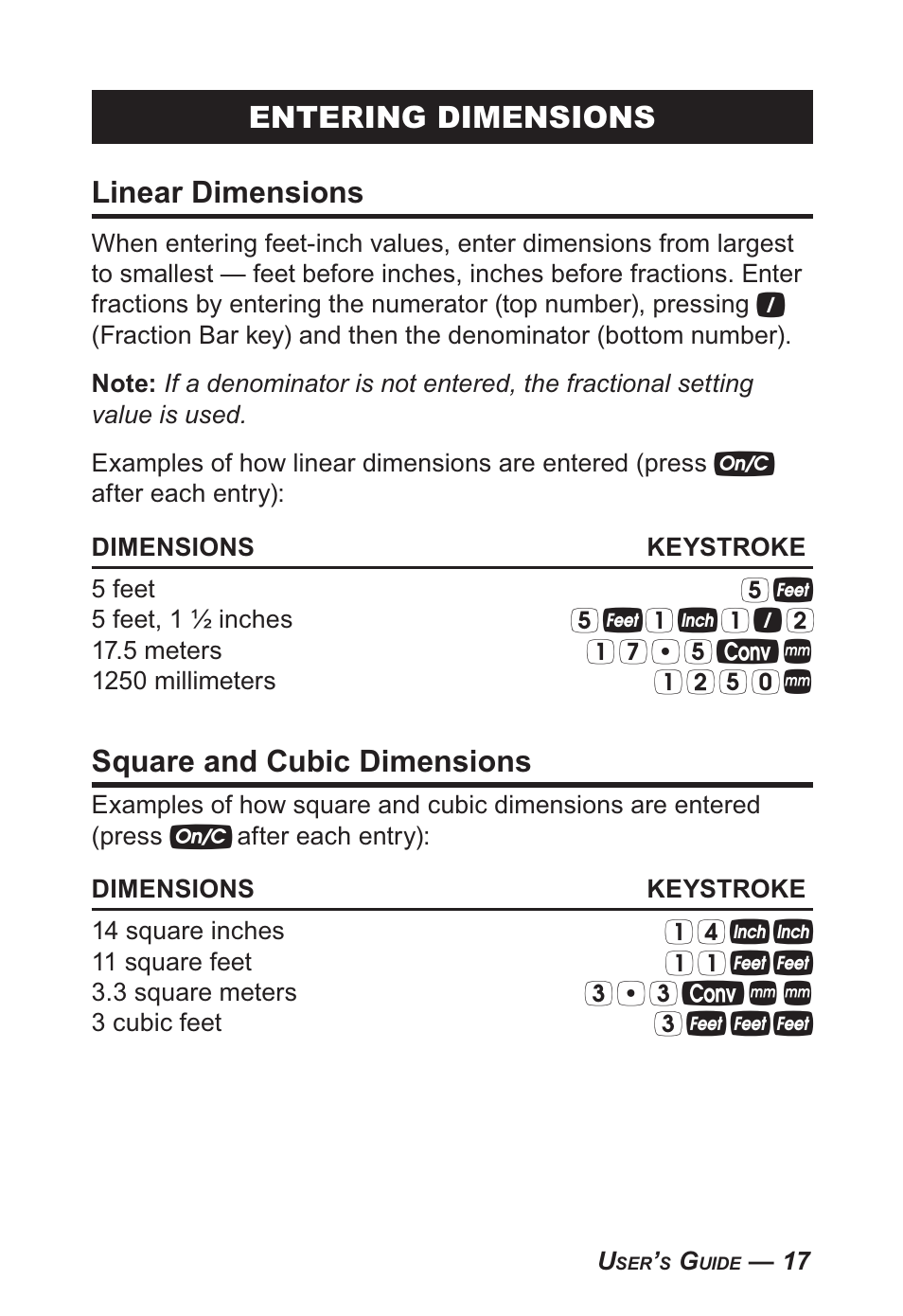 Entering dimensions linear dimensions, Square and cubic dimensions | Calculated Industries 4095-B User Guide User Manual | Page 17 / 68