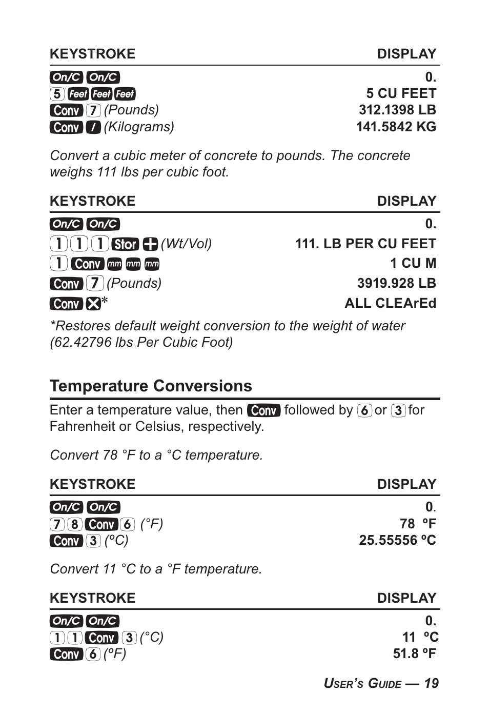 Temperature conversions | Calculated Industries 4095-B User Guide User Manual | Page 19 / 68