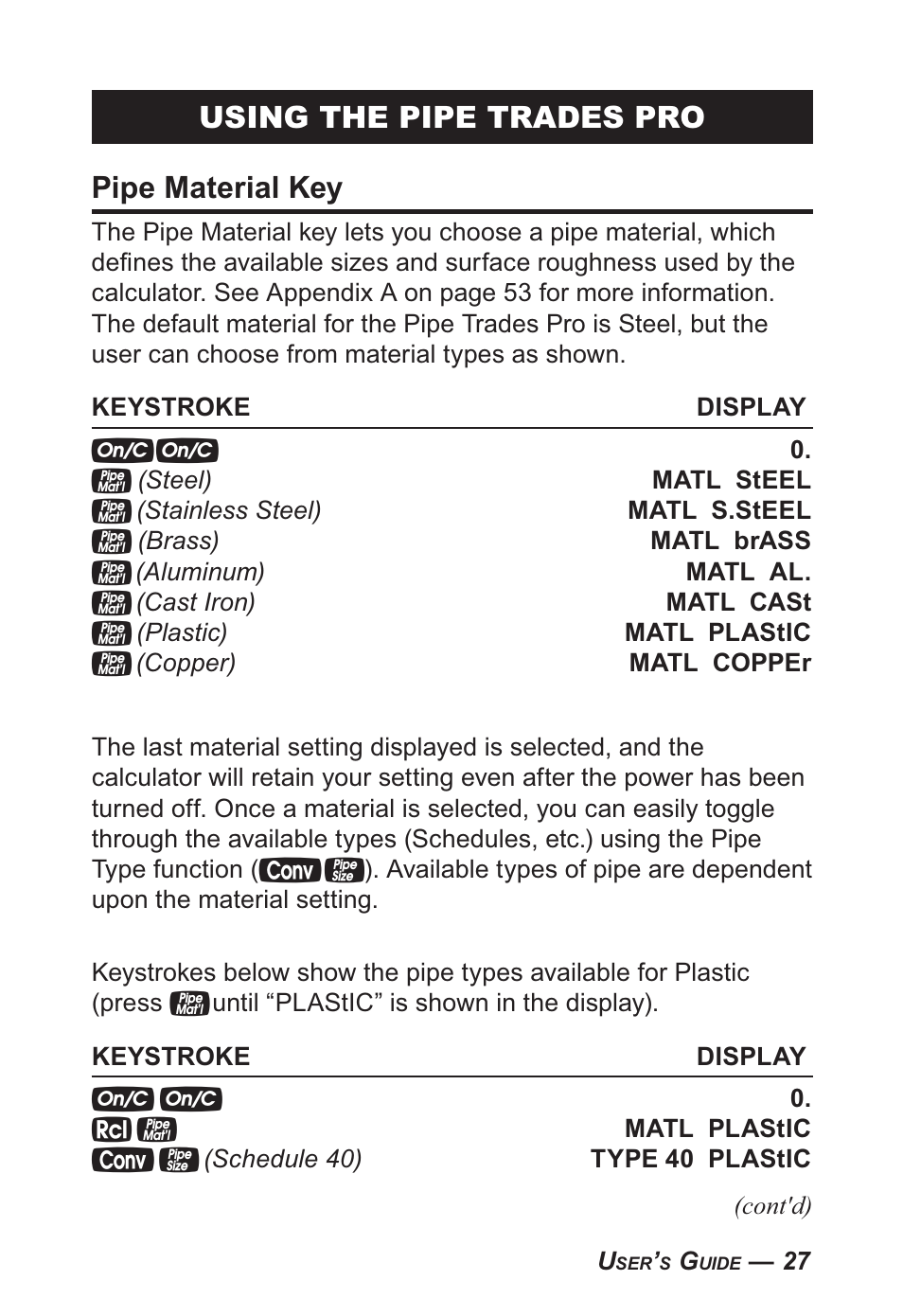Using the pipe trades pro pipe material key | Calculated Industries 4095-B User Guide User Manual | Page 27 / 68
