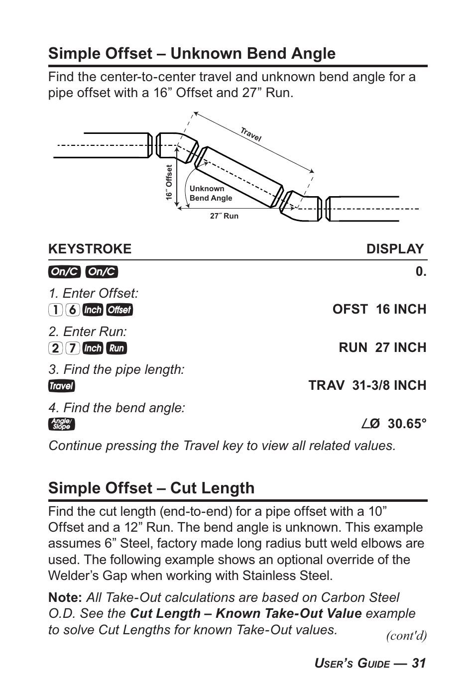 Simple offset – unknown bend angle, Simple offset – cut length | Calculated Industries 4095-B User Guide User Manual | Page 31 / 68