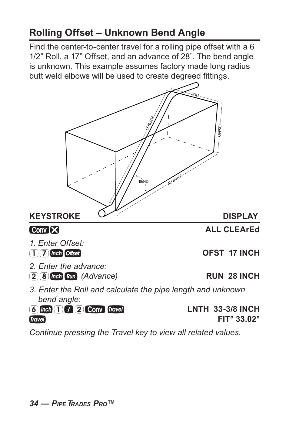 Rolling offset – unknown bend angle | Calculated Industries 4095-B User Guide User Manual | Page 34 / 68