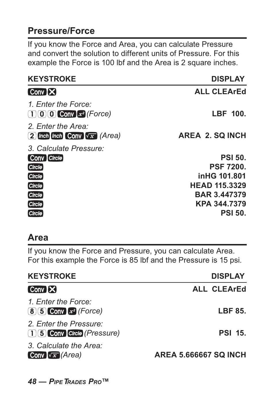 Pressure/force, Area | Calculated Industries 4095-B User Guide User Manual | Page 48 / 68