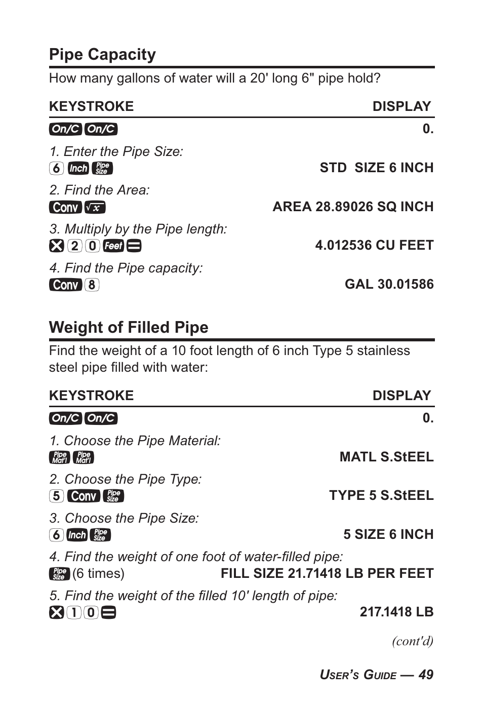 Pipe capacity, Weight of filled pipe | Calculated Industries 4095-B User Guide User Manual | Page 49 / 68