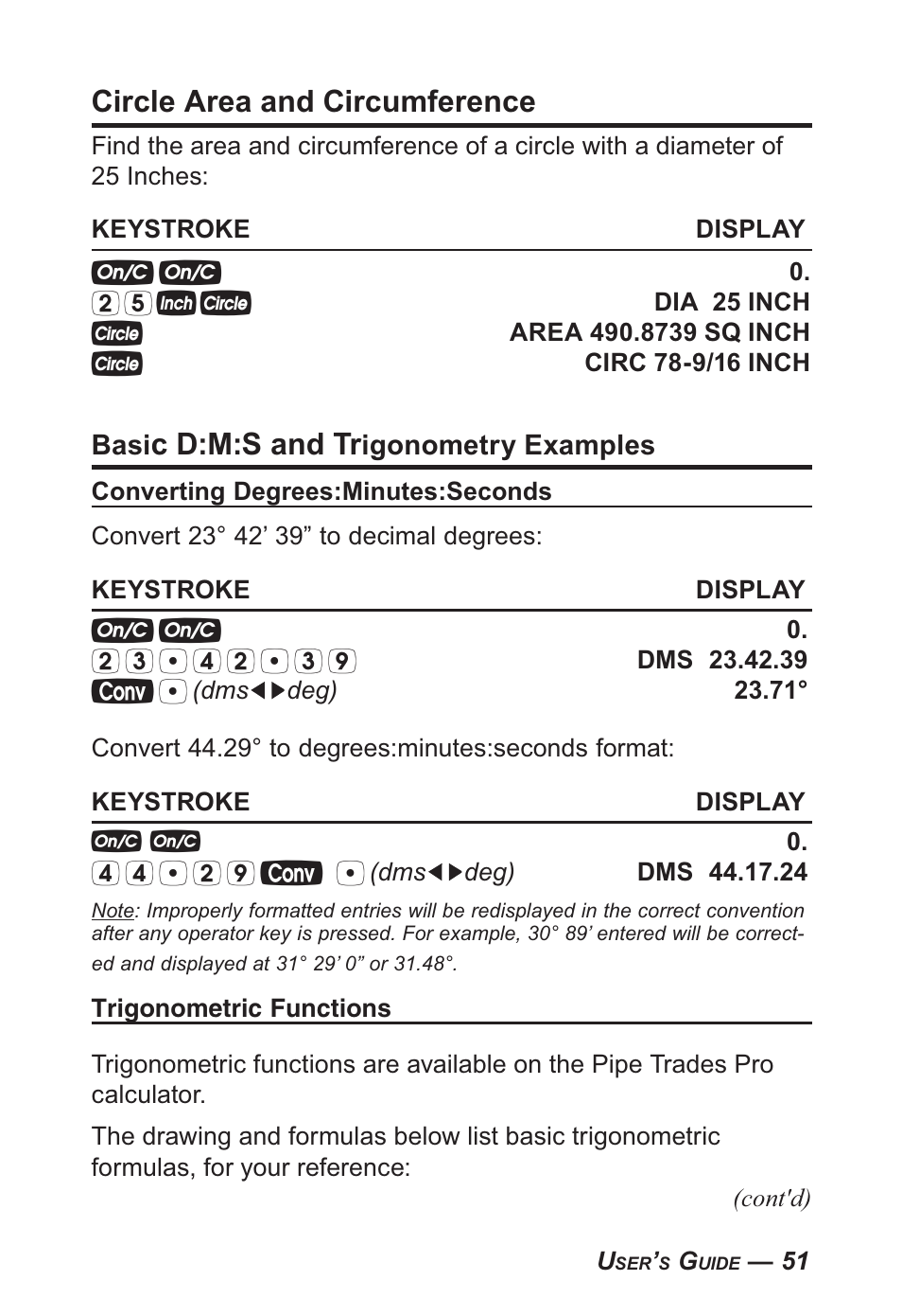 Circle area and circumference, C d:m:s and tr | Calculated Industries 4095-B User Guide User Manual | Page 51 / 68