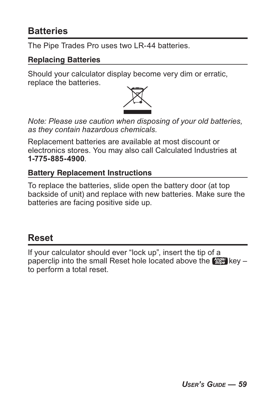 Batteries, Reset | Calculated Industries 4095-B User Guide User Manual | Page 59 / 68