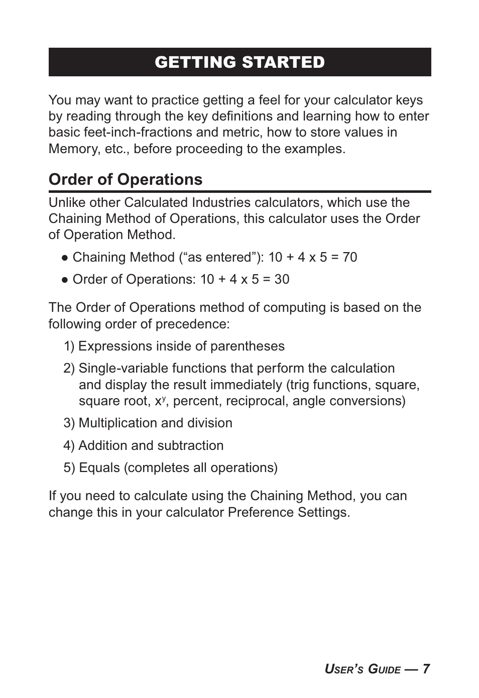 Getting started, Order of operations | Calculated Industries 4095-B User Guide User Manual | Page 7 / 68