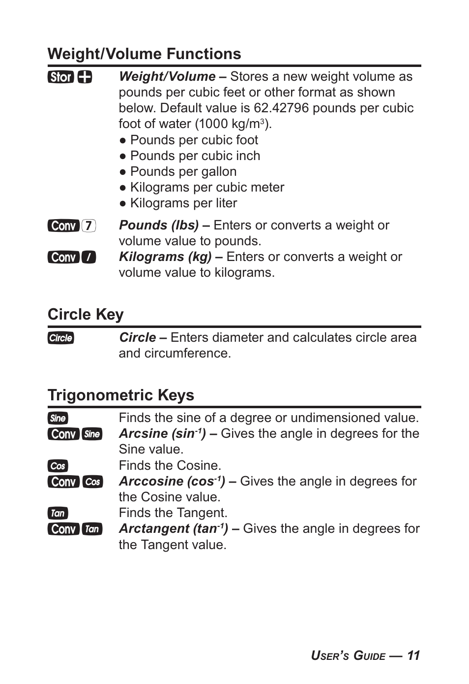 Weight/volume functions, Circle key, Trigonometric keys | Calculated Industries 4095-C User Guide User Manual | Page 10 / 65