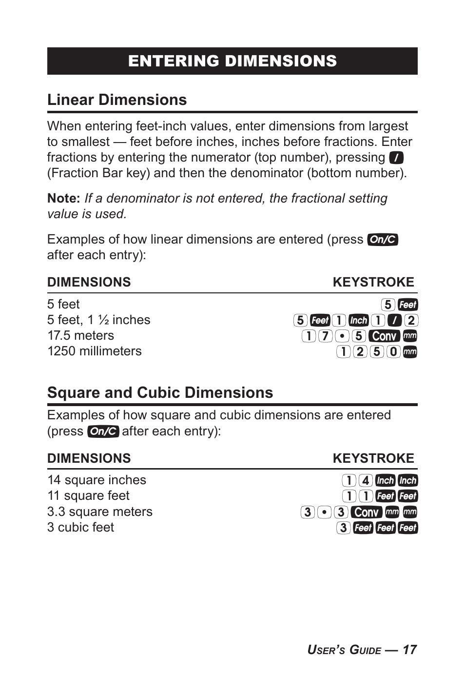 Entering dimensions linear dimensions, Square and cubic dimensions | Calculated Industries 4095-C User Guide User Manual | Page 16 / 65