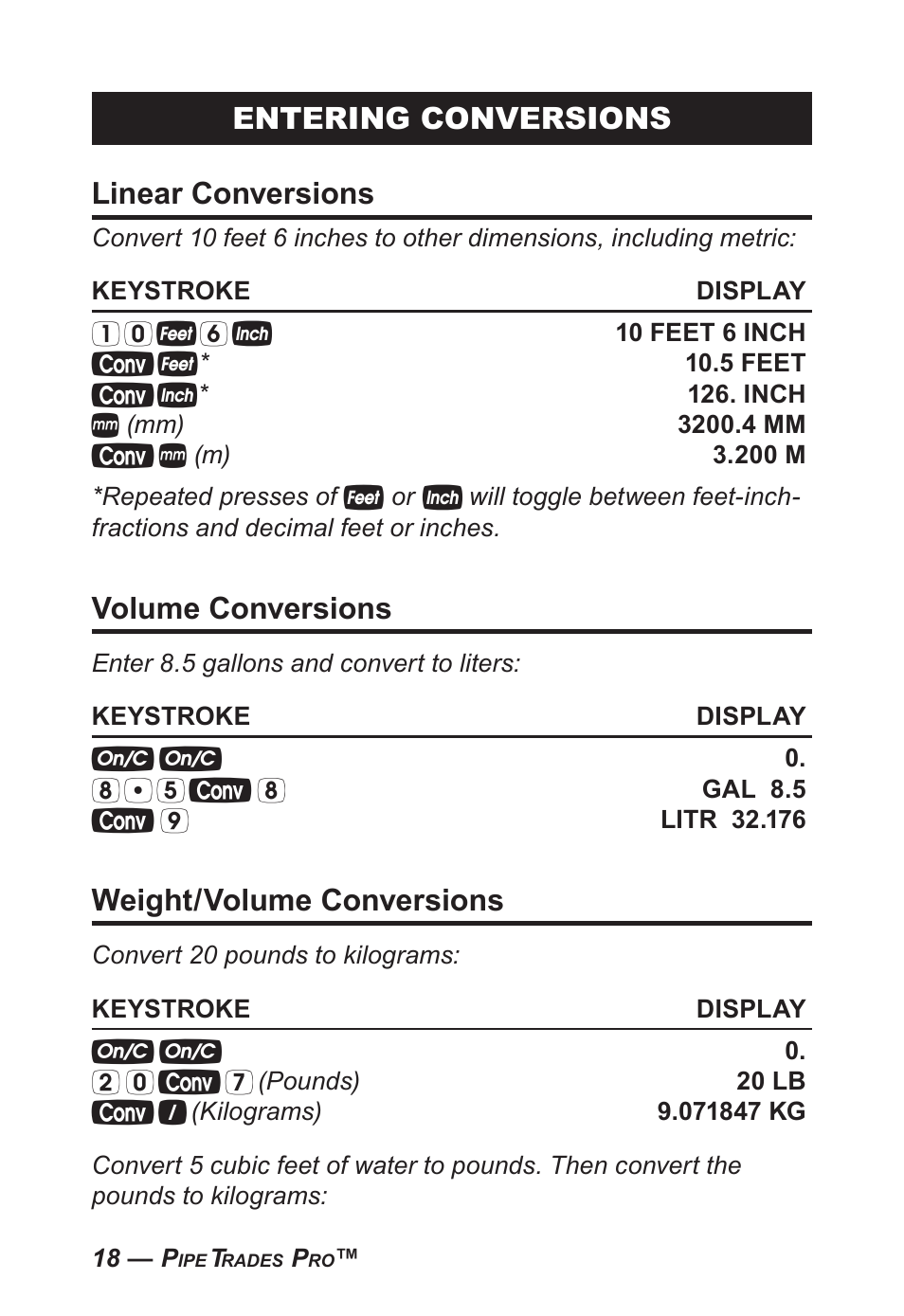 Entering conversions linear conversions, Volume conversions, Weight/volume conversions | Calculated Industries 4095-C User Guide User Manual | Page 17 / 65