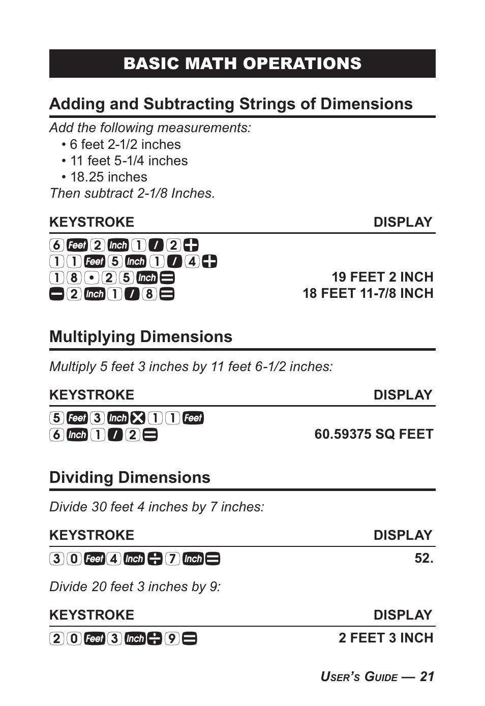 Multiplying dimensions, Dividing dimensions | Calculated Industries 4095-C User Guide User Manual | Page 20 / 65