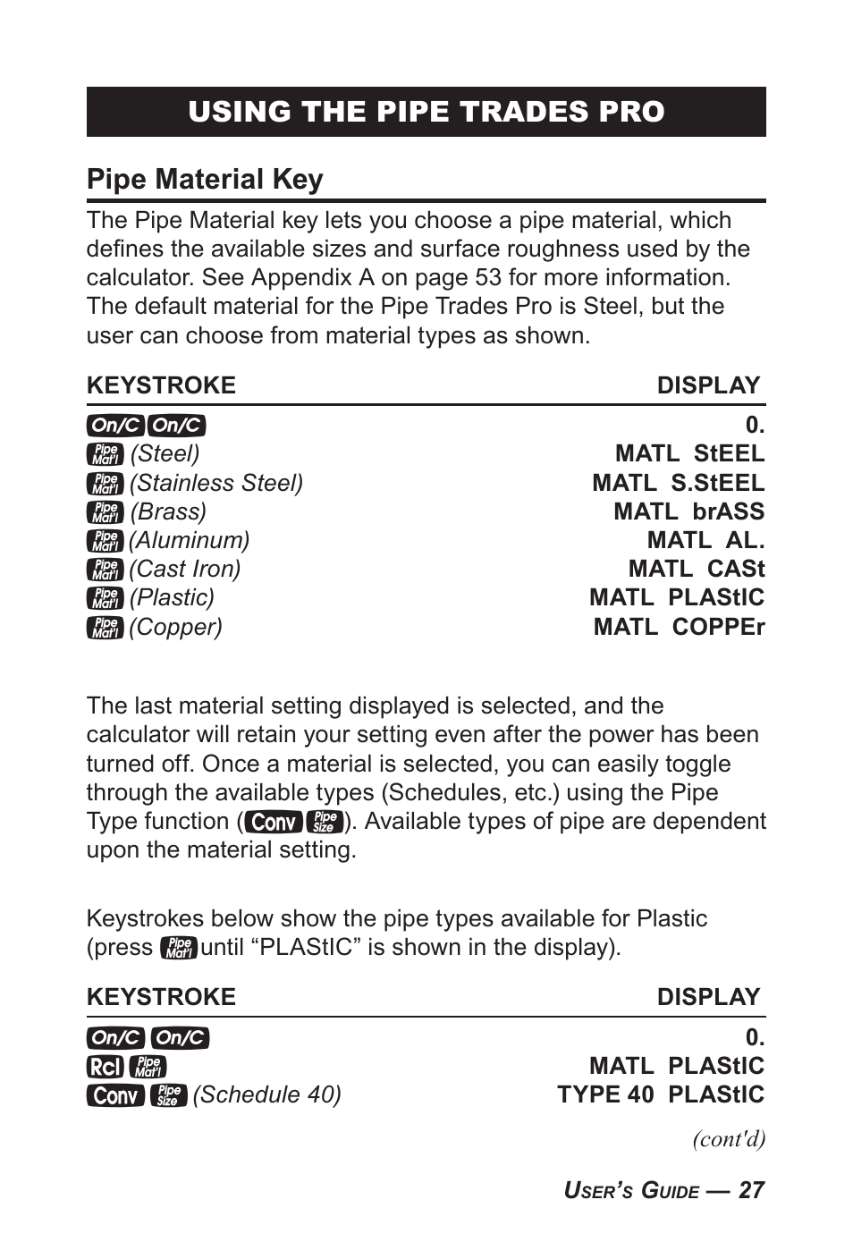 Using the pipe trades pro pipe material key | Calculated Industries 4095-C User Guide User Manual | Page 26 / 65