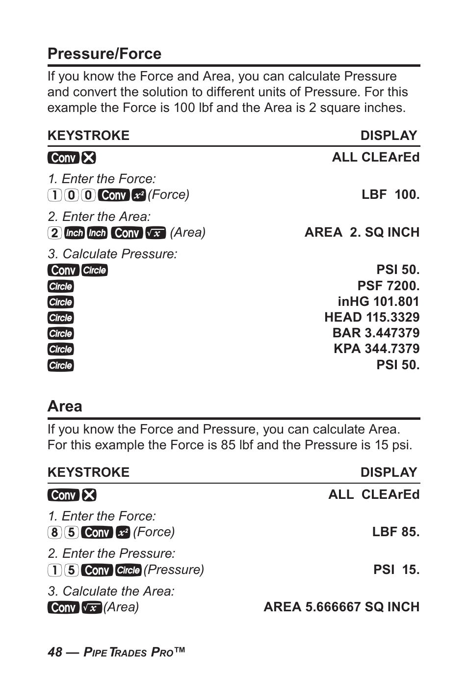 Pressure/force, Area | Calculated Industries 4095-C User Guide User Manual | Page 47 / 65