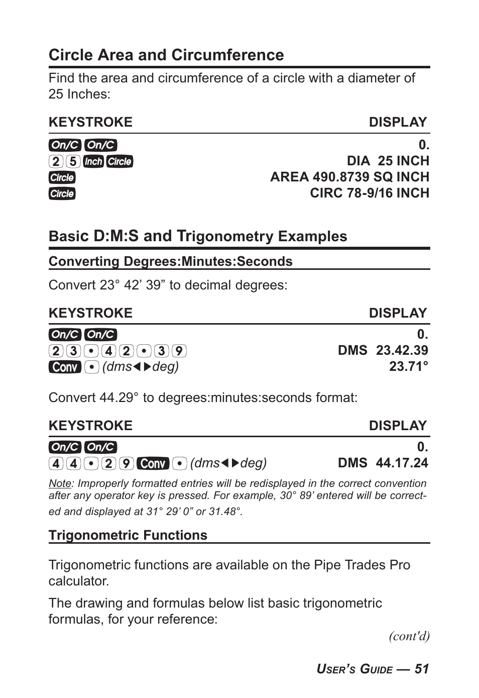 Circle area and circumference, C d:m:s and tr | Calculated Industries 4095-C User Guide User Manual | Page 50 / 65