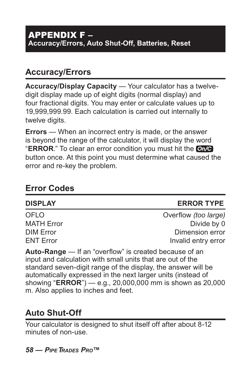 Appendix f, Accuracy/errors, Error codes | Auto shut-off | Calculated Industries 4095-C User Guide User Manual | Page 57 / 65