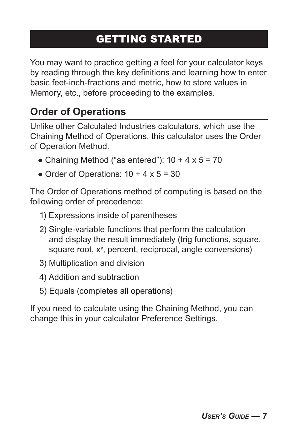 Getting started, Order of operations | Calculated Industries 4095-C User Guide User Manual | Page 6 / 65