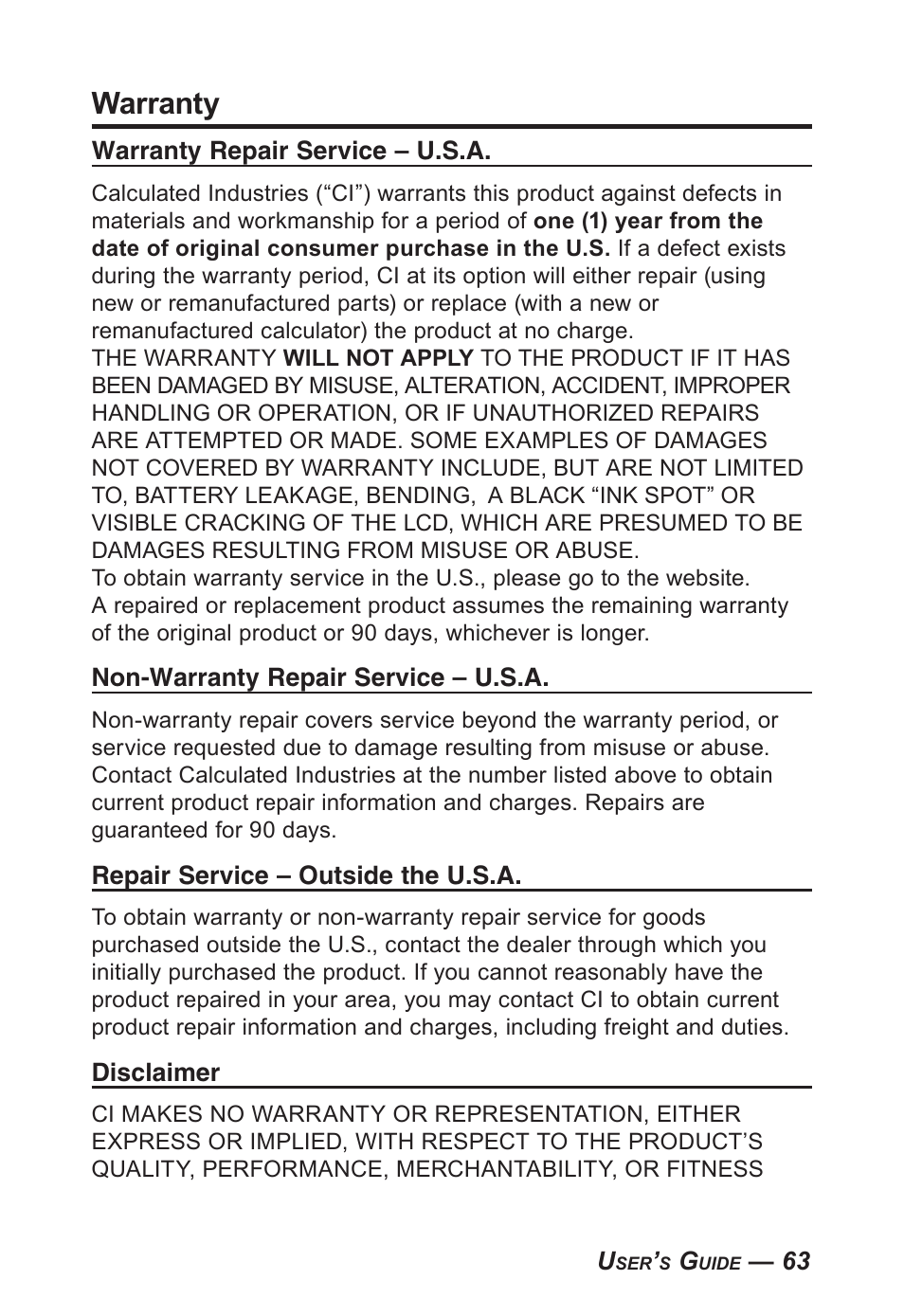 Warranty | Calculated Industries 4095-C User Guide User Manual | Page 62 / 65
