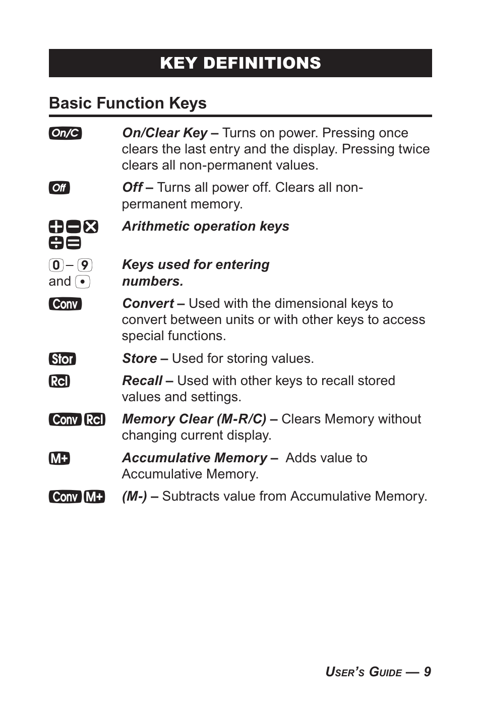 Key definitions basic function keys | Calculated Industries 4095-C User Guide User Manual | Page 8 / 65