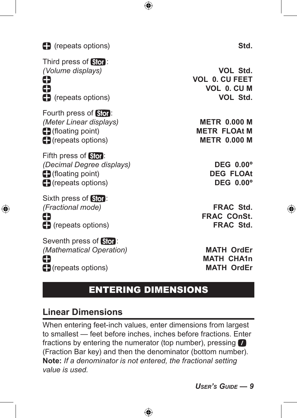 Entering dimensions linear dimensions | Calculated Industries 4094 User Guide User Manual | Page 11 / 44