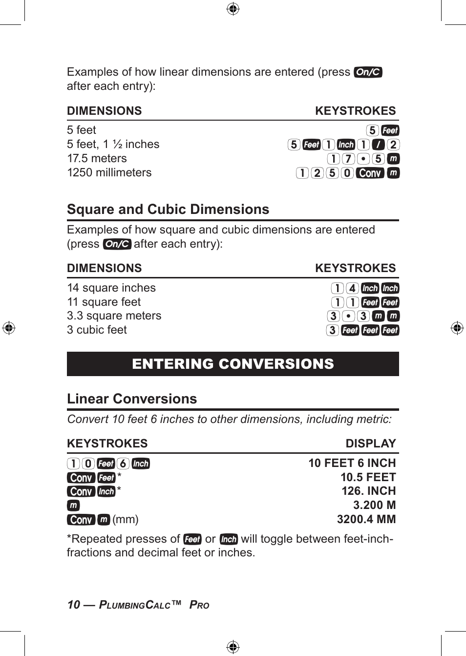 Square and cubic dimensions, Entering conversions linear conversions | Calculated Industries 4094 User Guide User Manual | Page 12 / 44