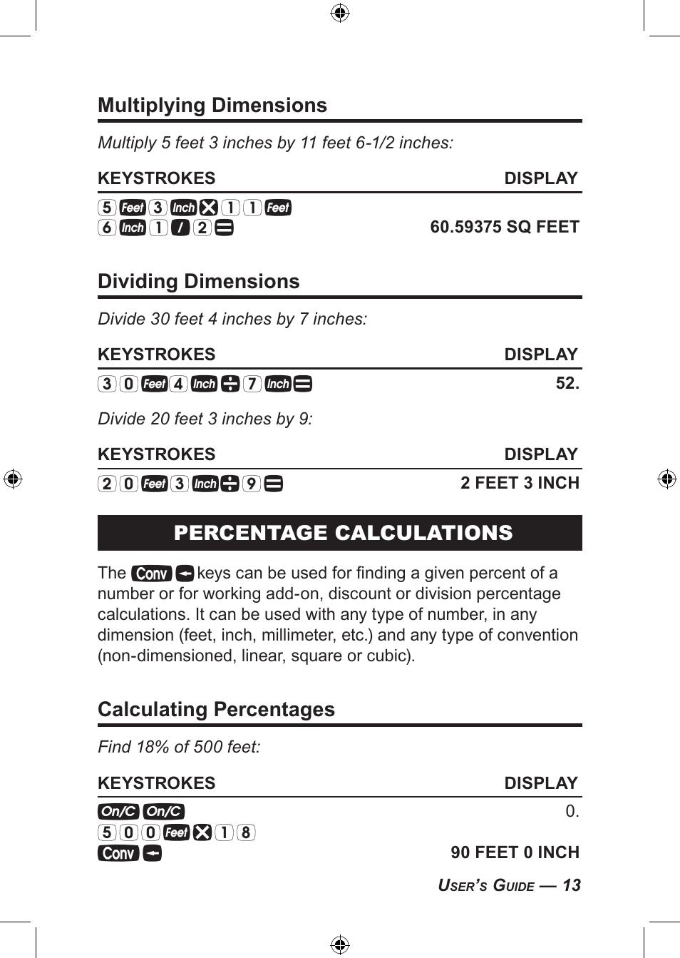 Multiplying dimensions, Dividing dimensions, Percentage calculations | Calculating percentages | Calculated Industries 4094 User Guide User Manual | Page 15 / 44