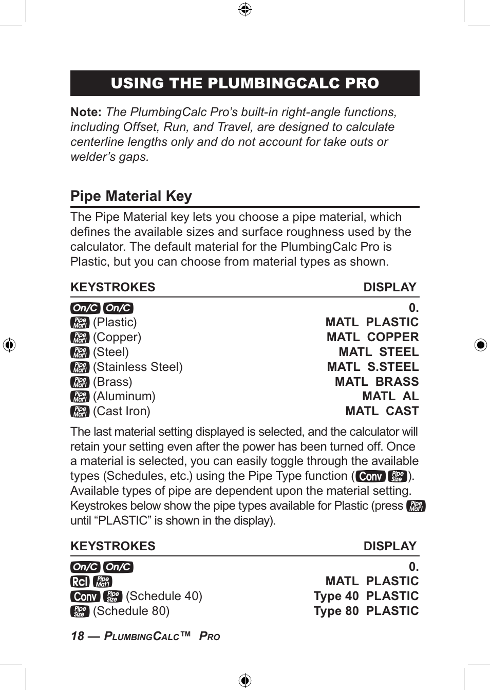 Using the plumbingcalc pro, Pipe material key | Calculated Industries 4094 User Guide User Manual | Page 20 / 44