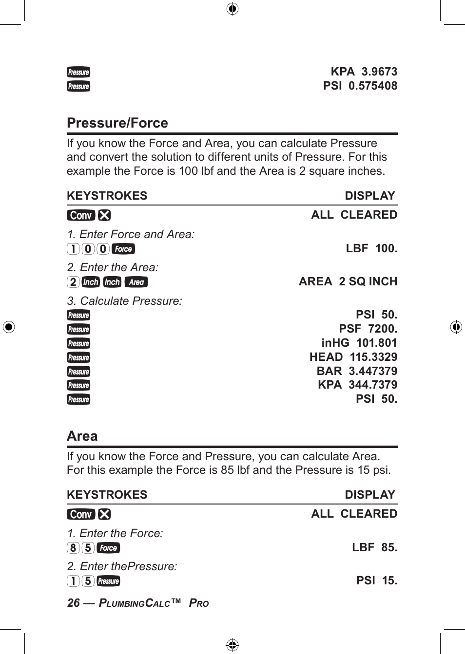 Pressure/force, Area | Calculated Industries 4094 User Guide User Manual | Page 28 / 44