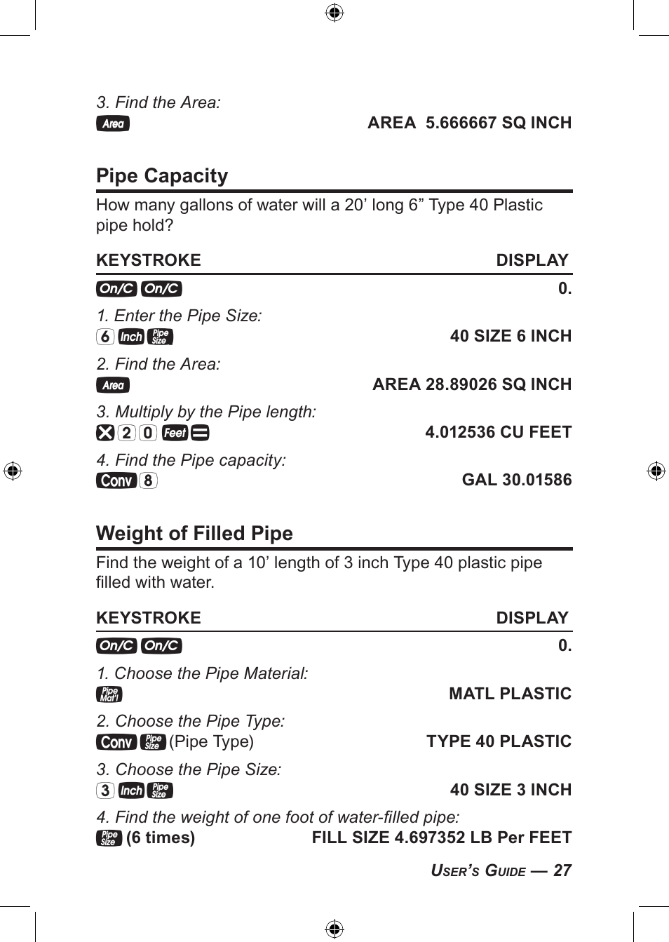 Pipe capacity, Weight of filled pipe | Calculated Industries 4094 User Guide User Manual | Page 29 / 44