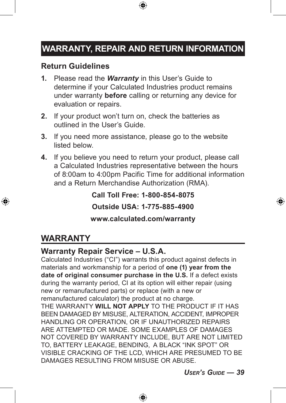 Warranty, repair and return information, Warranty, Return guidelines | Warranty repair service – u.s.a | Calculated Industries 4094 User Guide User Manual | Page 41 / 44