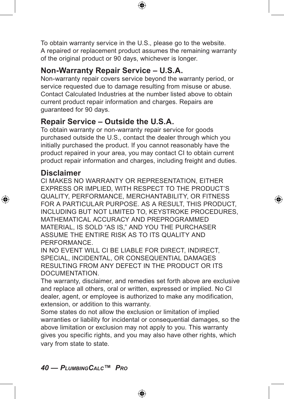 Non-warranty repair service – u.s.a, Repair service – outside the u.s.a, Disclaimer | Calculated Industries 4094 User Guide User Manual | Page 42 / 44