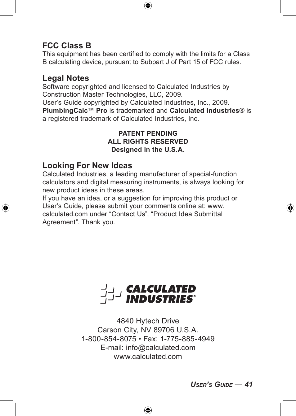 Fcc class b, Looking for new ideas | Calculated Industries 4094 User Guide User Manual | Page 43 / 44