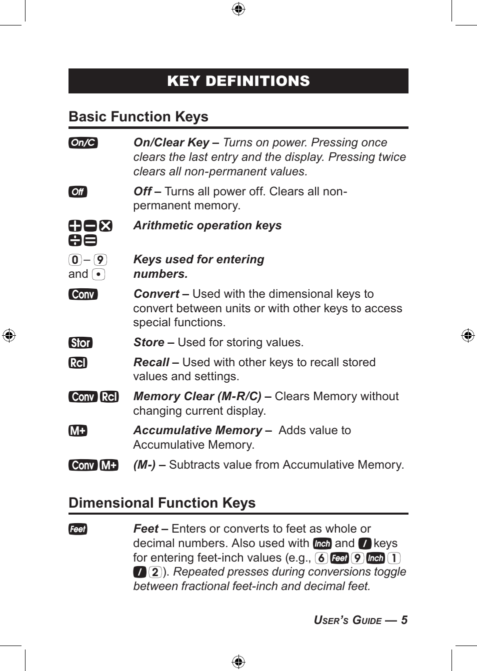 Key definitions basic function keys, Dimensional function keys | Calculated Industries 4094 User Guide User Manual | Page 7 / 44