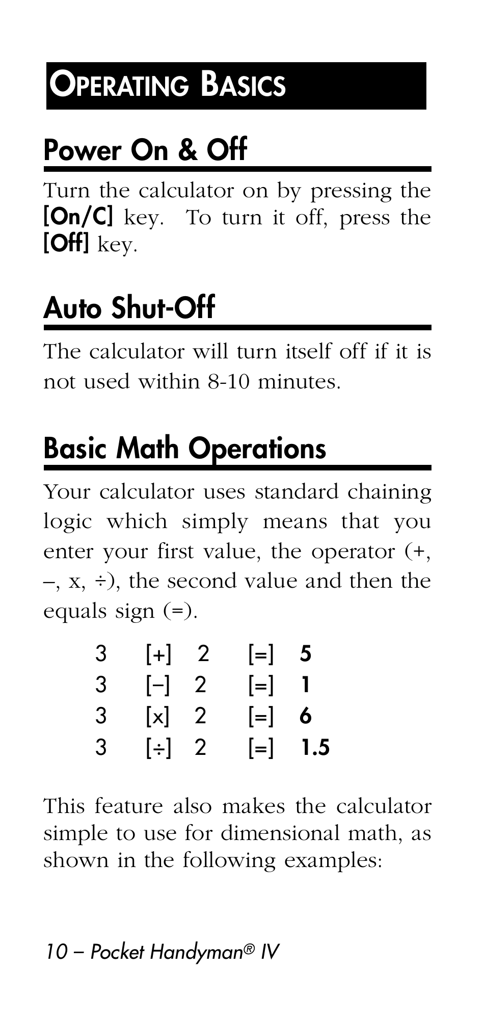 Power on & off, Auto shut-off, Basic math operations | Calculated Industries 8545 User Manual | Page 10 / 48