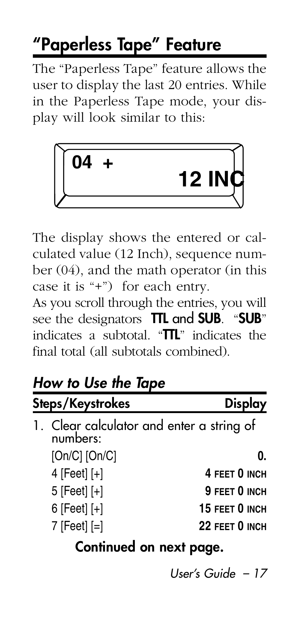 12 inc, Paperless tape” feature | Calculated Industries 8545 User Manual | Page 17 / 48