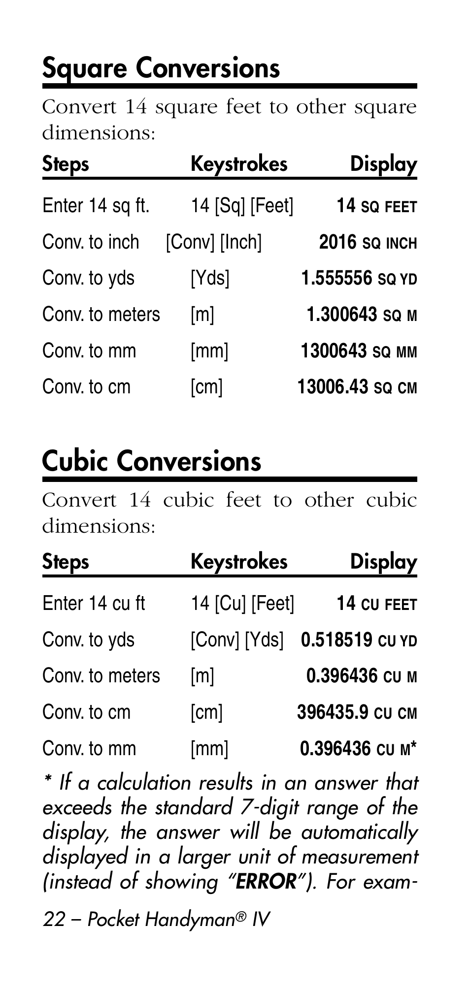 Square conversions, Cubic conversions | Calculated Industries 8545 User Manual | Page 22 / 48