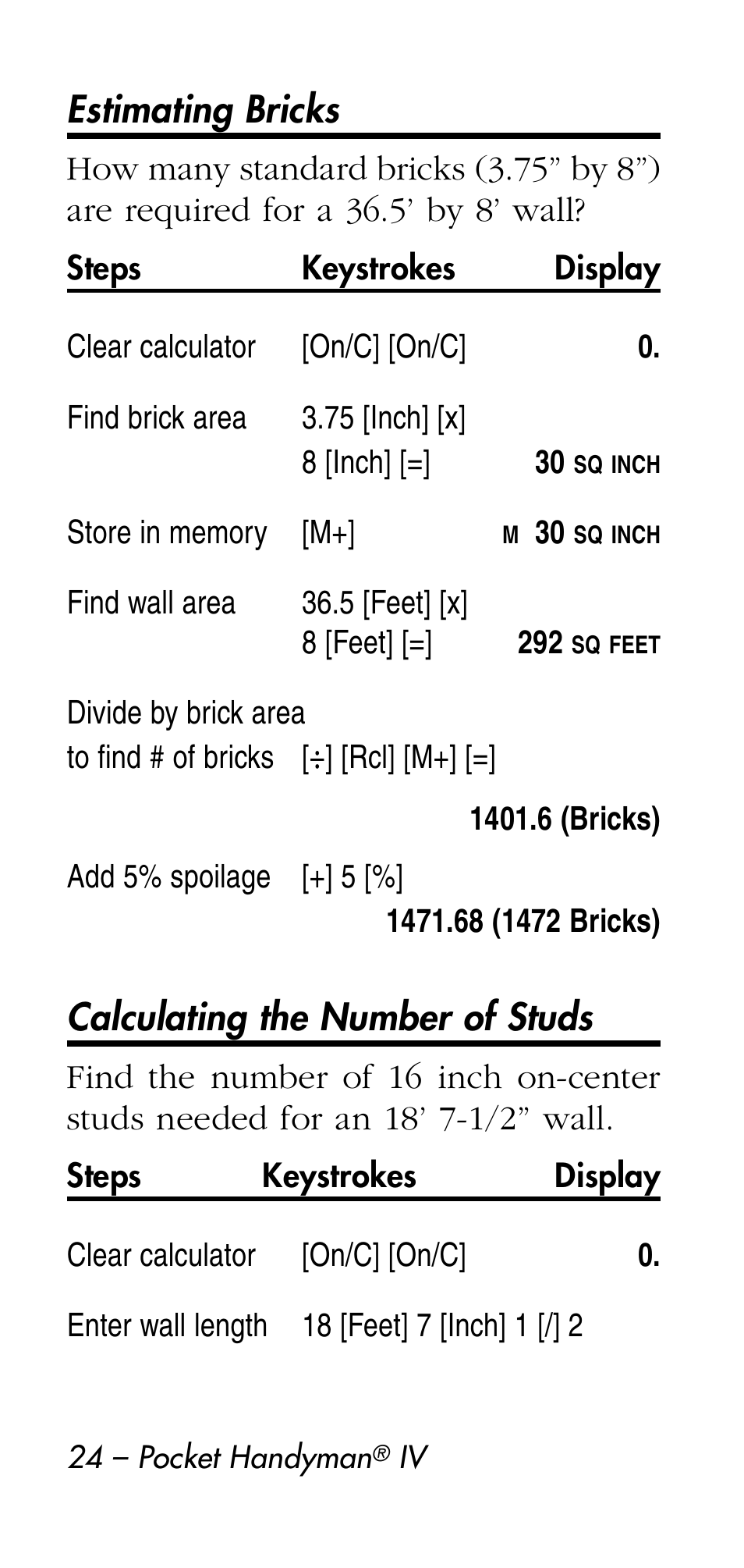 Estimating bricks, Calculating the number of studs | Calculated Industries 8545 User Manual | Page 24 / 48