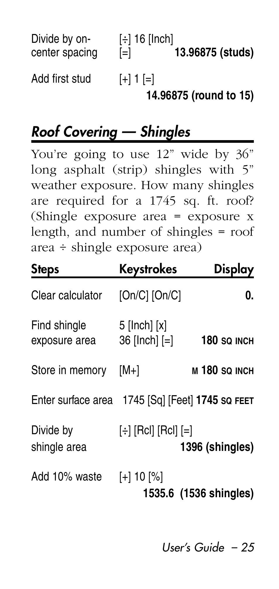 Roof covering — shingles | Calculated Industries 8545 User Manual | Page 25 / 48