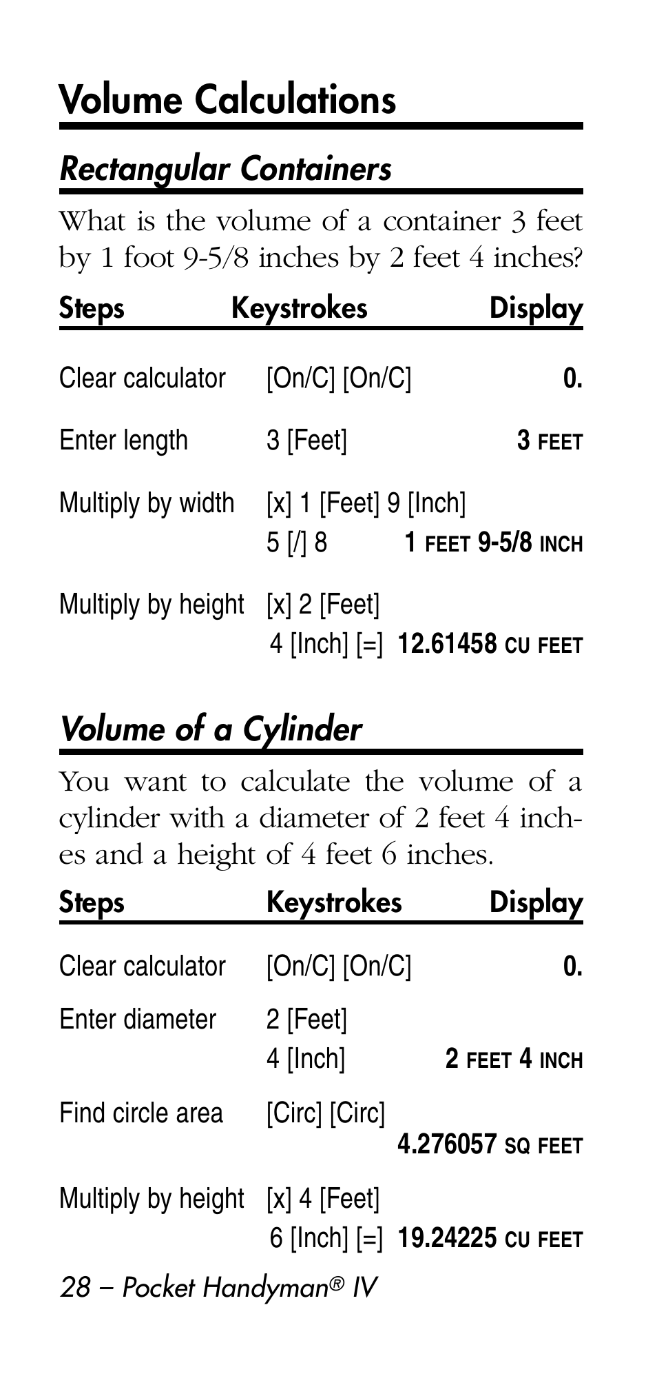 Volume calculations, Rectangular containers, Volume of a cylinder | Calculated Industries 8545 User Manual | Page 28 / 48